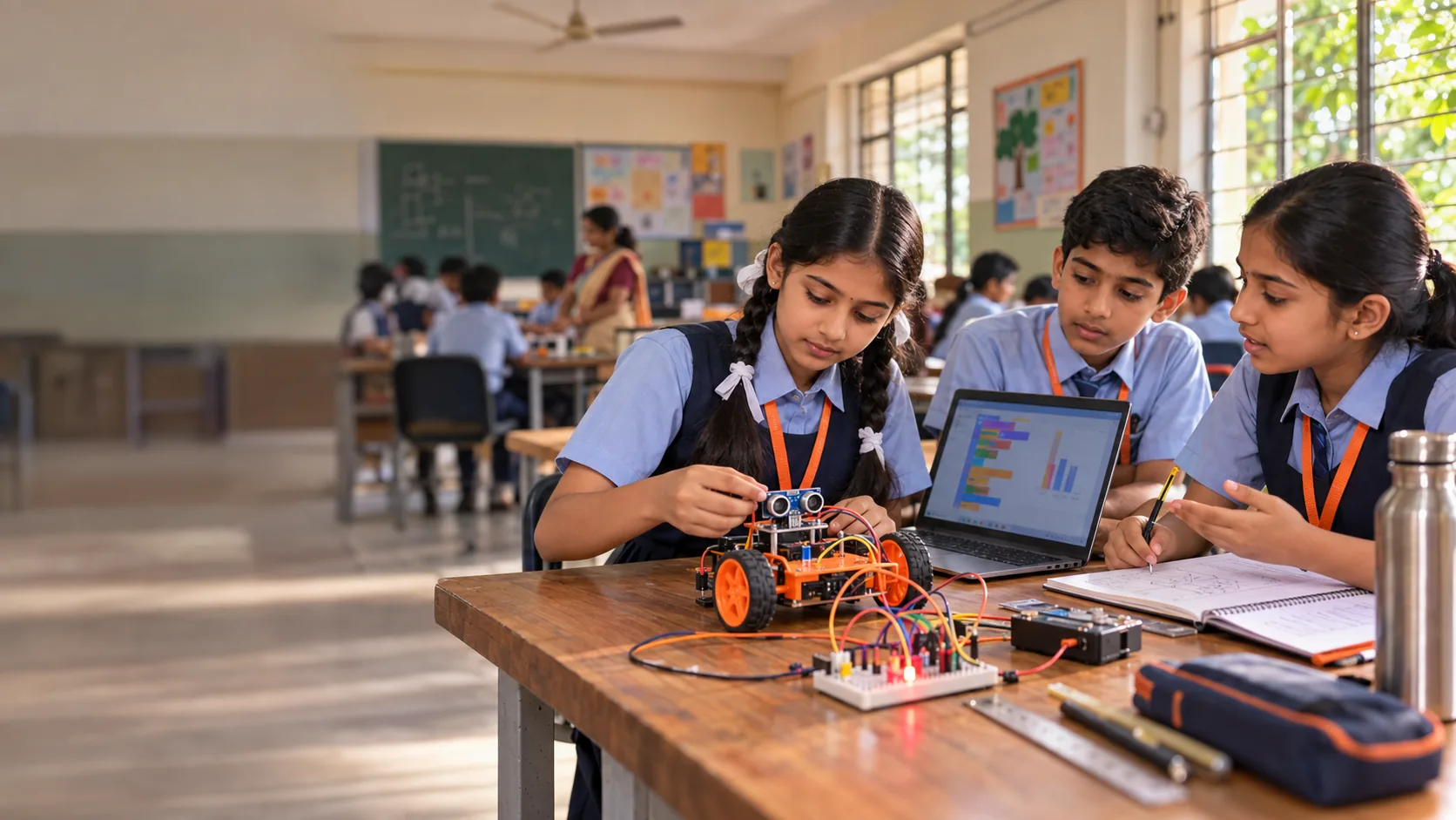 Uniformed students building a robot car with a laptop and notebook at a classroom desk